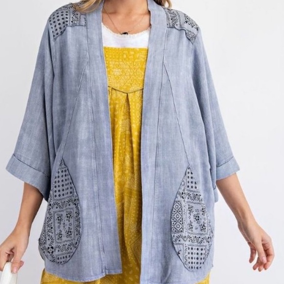 501. Easel washed LINEN Duster Cardigan Blue Pocketed Open short sleeve top - Picture 3 of 5